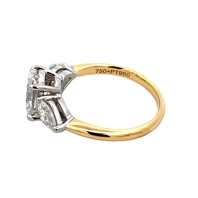 18ct Yellow Gold and Platinum 1.53ct Oval Cut and 2=0.88ct Pear Cut Lab Grown Diamond Trilogy Ring