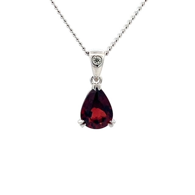 Parrys Jewellers 9ct White Gold Pear Cut Garnet and Diamond Pendant