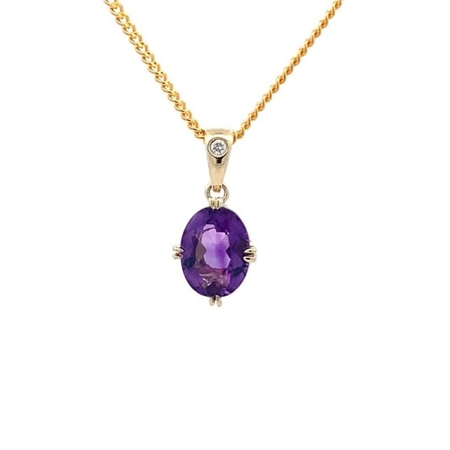 Parrys Jewellers 9ct Yellow Gold 8x6mm Oval Cut Amethyst and Diamond Pendant