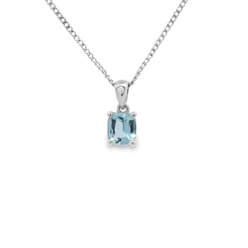 Parrys Jewellers 9ct White Gold Cushion Cut Aquamarine Pendant with Round Brillant Diamond