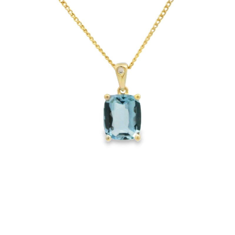 Parrys Jewellers Yellow Gold Cushion cut Aquamarine Pendant with Diamond