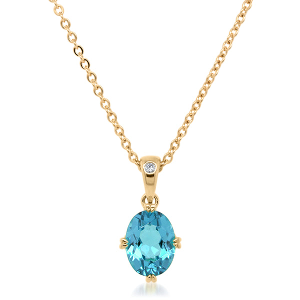 9ct Yellow Gold Oval Blue Topaz And Diamond Set Pendant