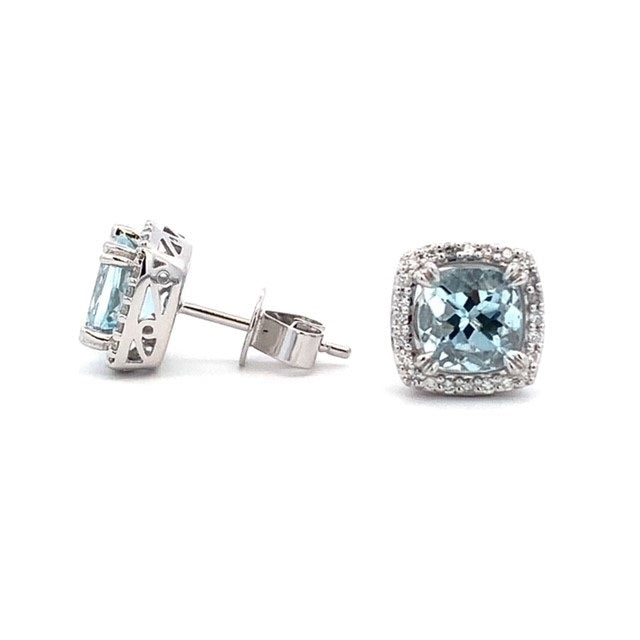 Parrys Jewellers 9ct White Gold 6mm Cushion Aquamarine Diamond Studs