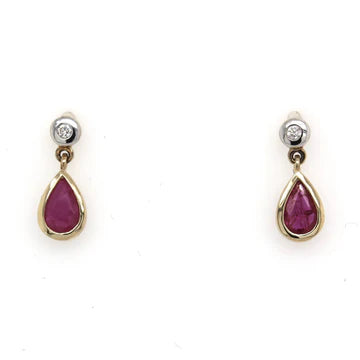 Parry Jewellers 9ct Yellow Gold Pear Ruby and Diamond Drop Earrings