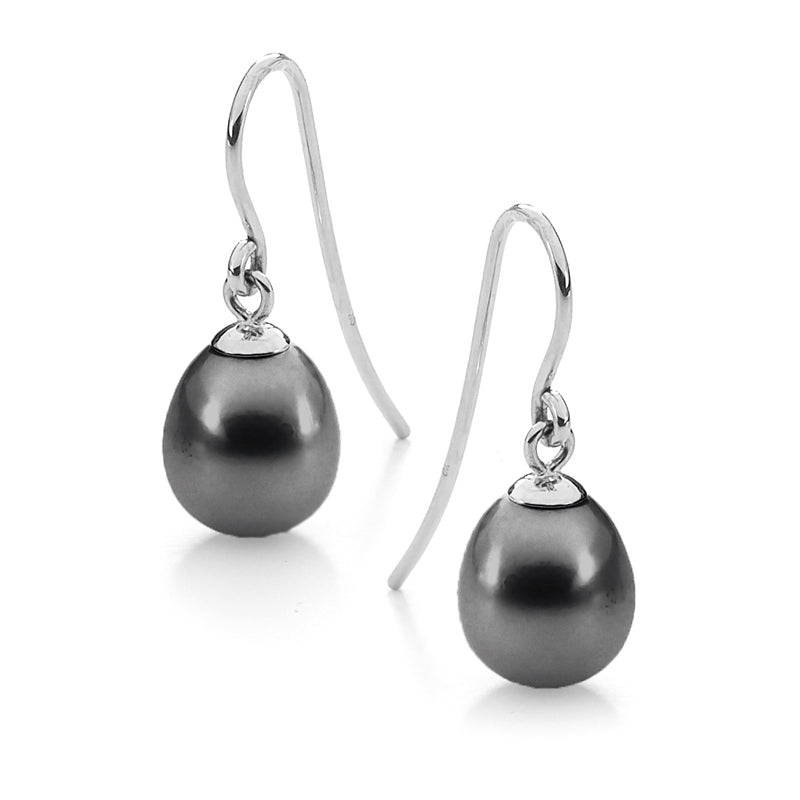 Ikecho S/Silver Dyed Black 7.5-8mm Freshwater Pearl Shepard Hook Earrings