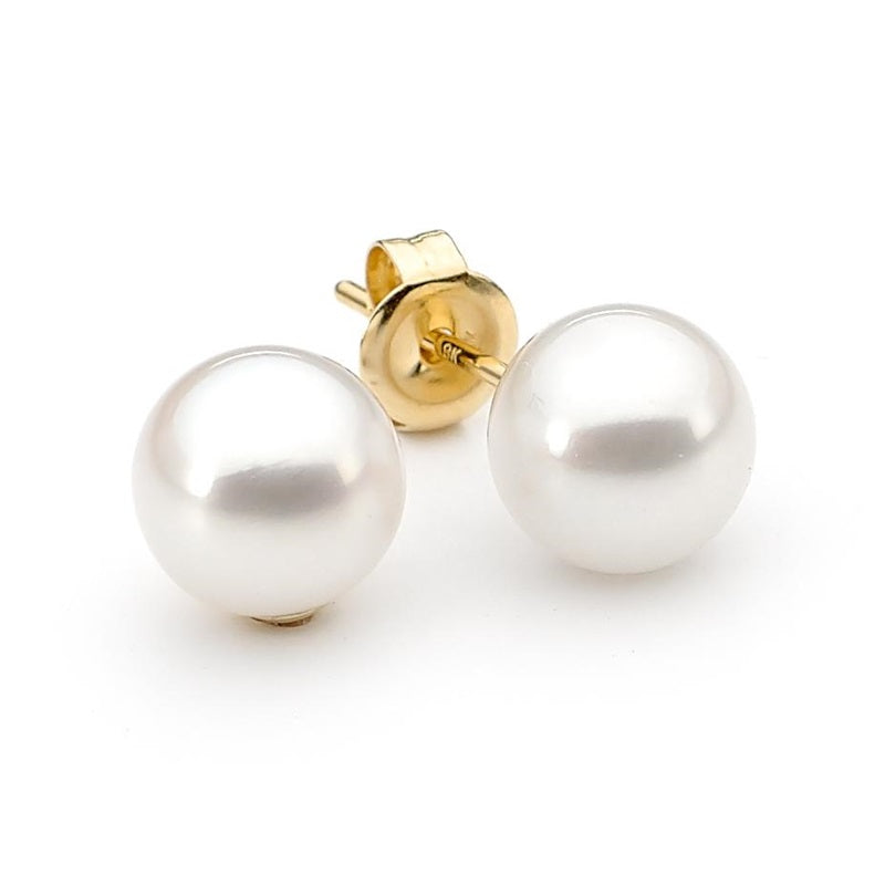 Ikecho 9ct Yellow Gold 9mm Button White Fresh Water Pearl Studs