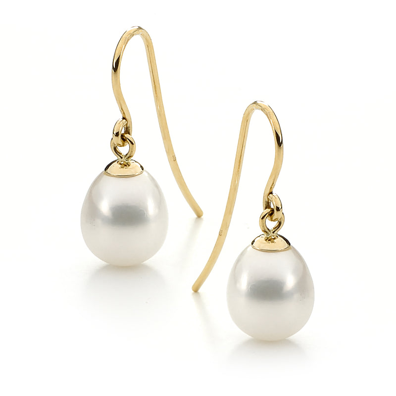 Ikecho 9ct Yellow Gold 9-9.5mm White Freshwater Pearl Shepherd Hook Earrings