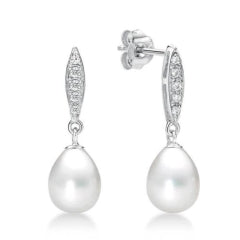 Parrys Jewellers Sterling Silver 7.5mm Freshwater Pearl and CZ Drop Earrings