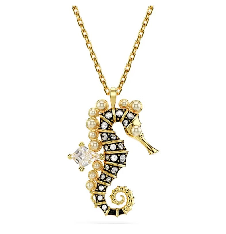 Swarovski Idyllia pendant Crystal pearls, Seahorse, White, Gold-tone plated 5690874