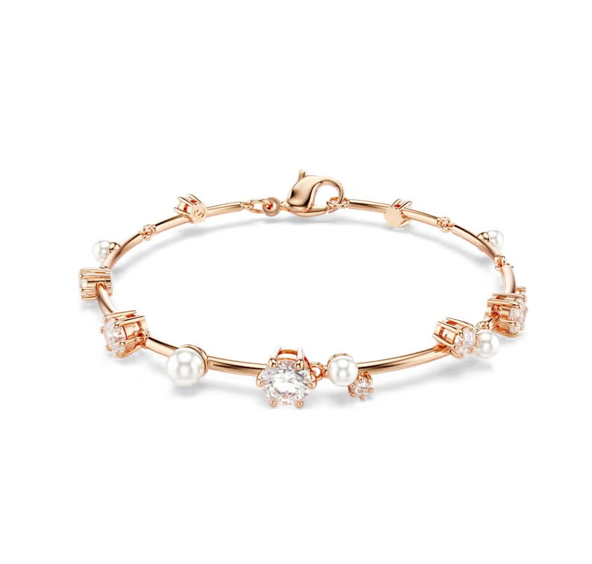 Swarovski Constella Tennis bracelet Crystal pearl, Round cuts, White, Rose gold-tone plated 5729505