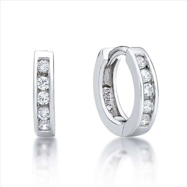 Parrys Jewellers Sterling Silver White Cubic Zirconia Channel Set 9mm I.D. Huggie Earrings