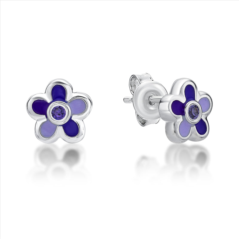 Parrys Jewellers Sterling Silver Purple Cubic Zirconia Stone CTR Enamel Flower