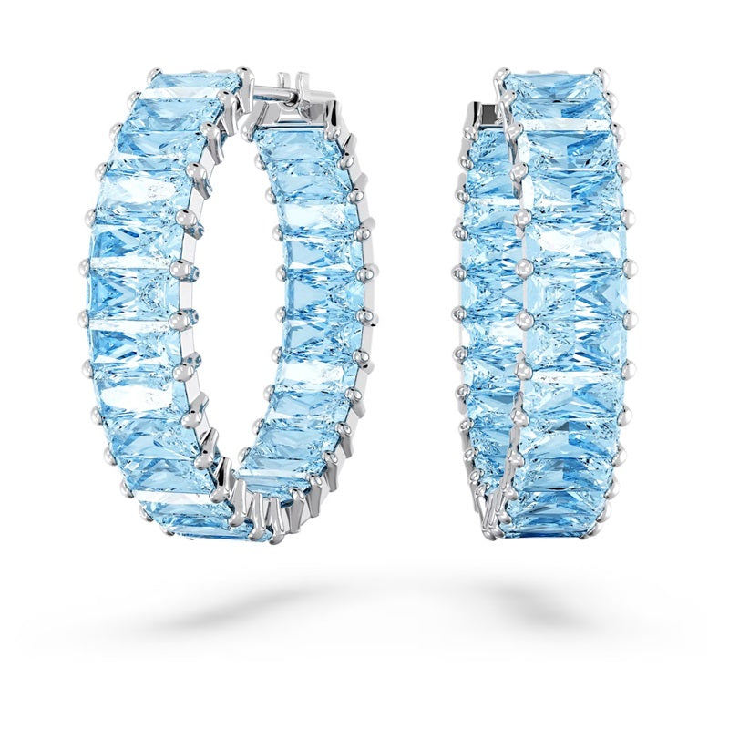 Swarovski Matrix hoop earrings Baguette cut, Blue, Rhodium plated 5659037