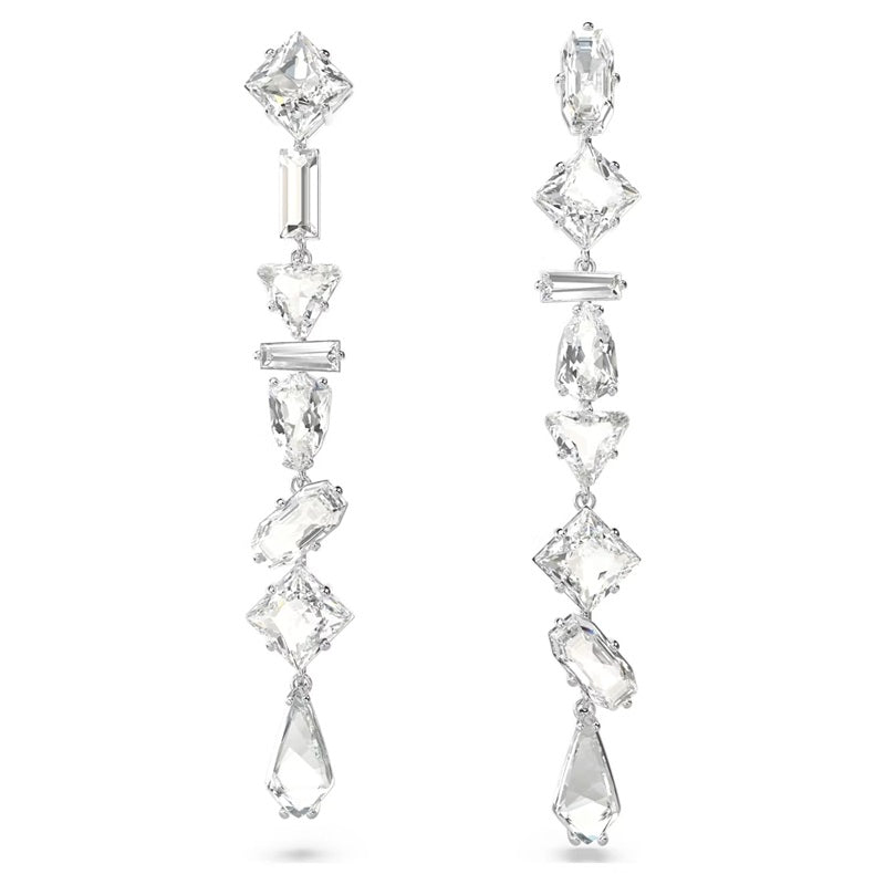 Swarovski Mesmera drop earrings, Mixed cuts, Long, White, Rhodium plated 5661687