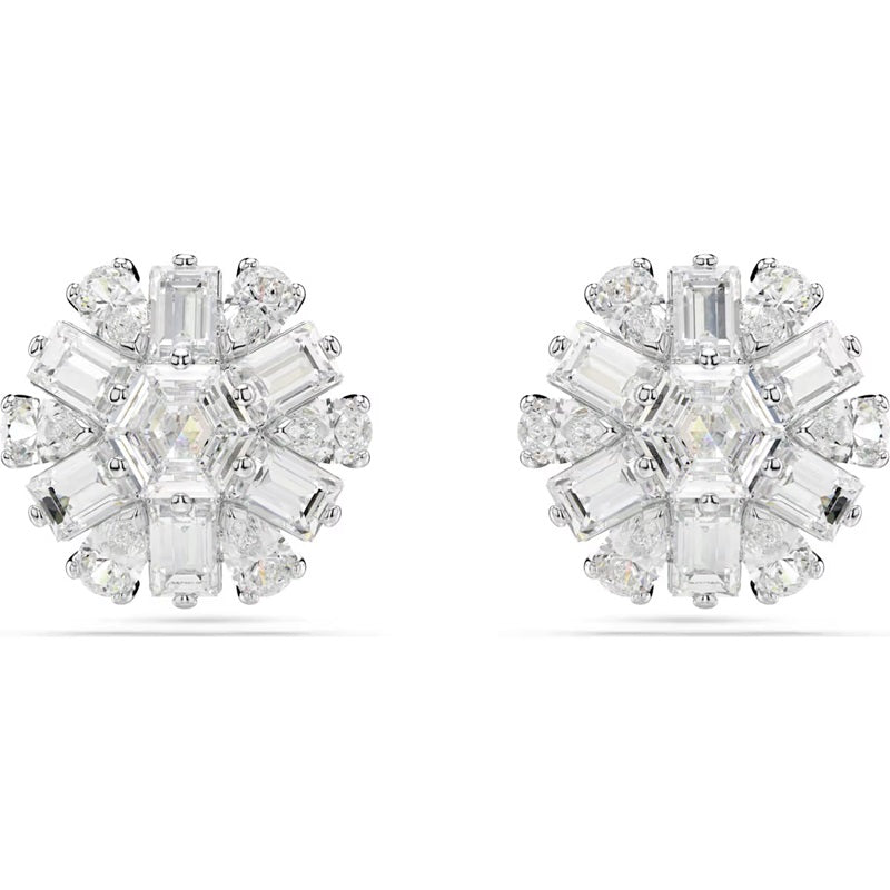 Swarovski Idyllia stud earrings, Mixed cuts, Snowflake, White, Rhodium plated 5691483