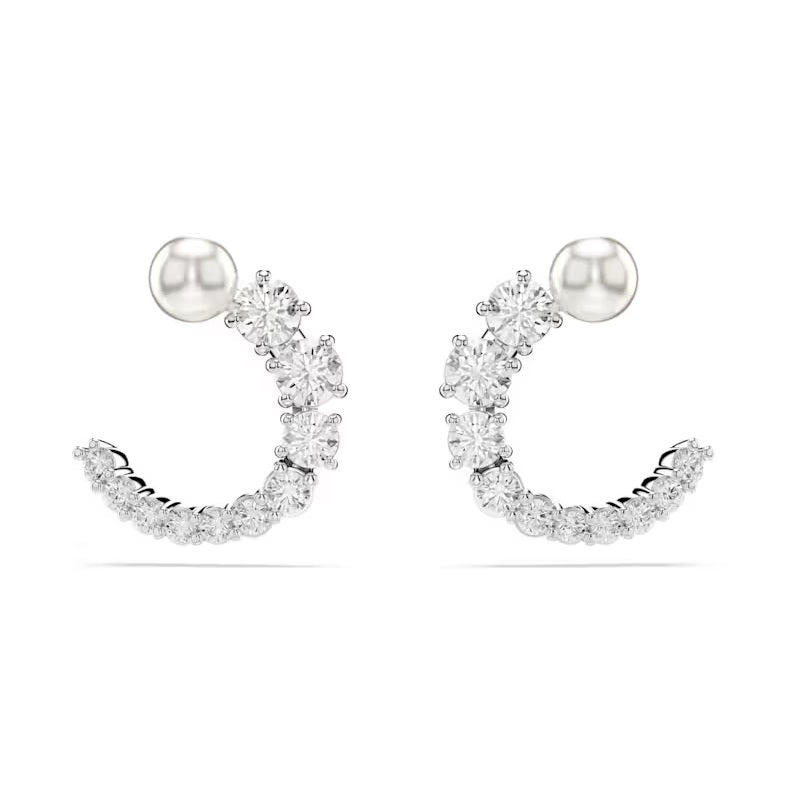 Swarovski Matrix hoop earrings Crystal pearl, Round cut, White, Rhodium plated 5692260