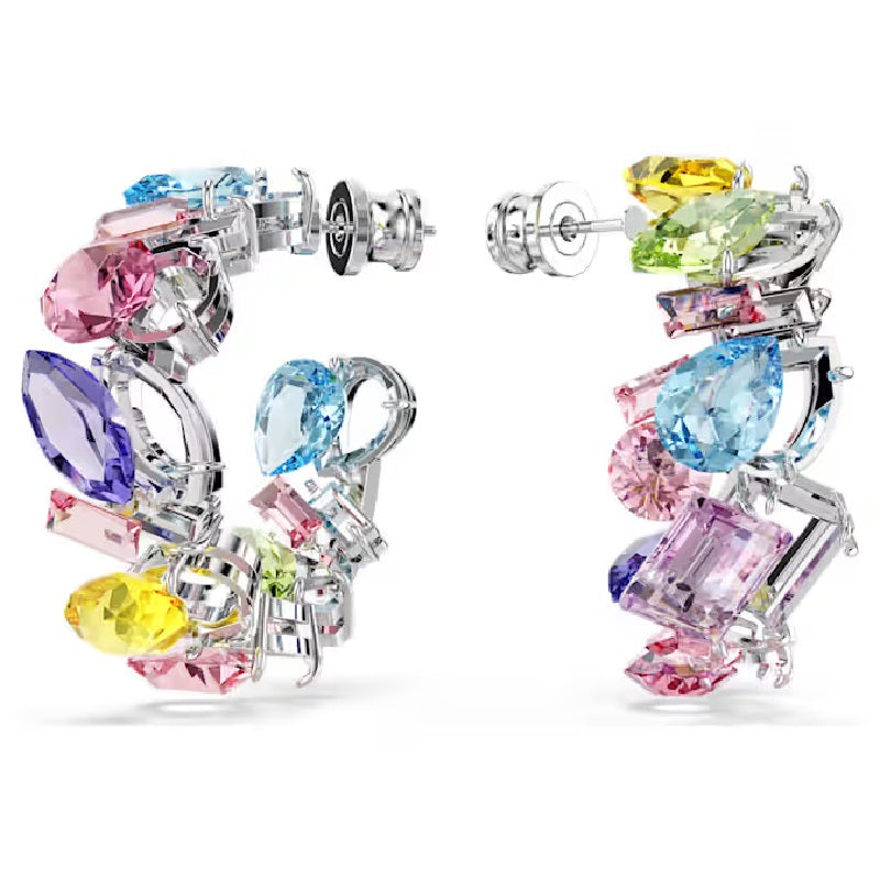 Swarovski Gema Hoop Earrings Asymmetrical design, Mixed cuts, Small, Multicoloured, Rhodium plated 5692412