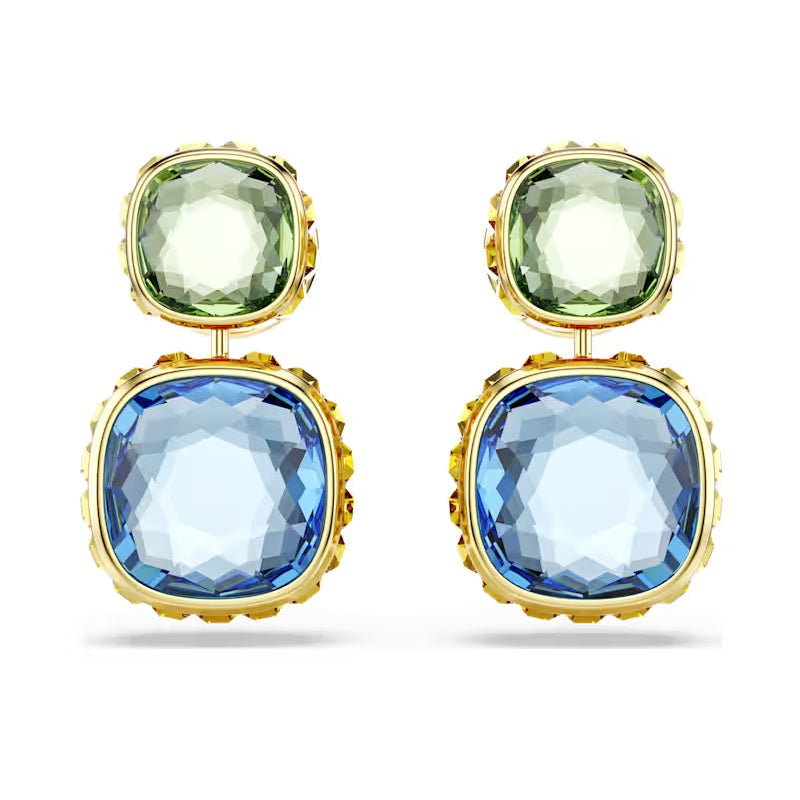 Swarovski Chroma drop earrings Cushion cut, Multicoloured, Gold-tone plated 5692492