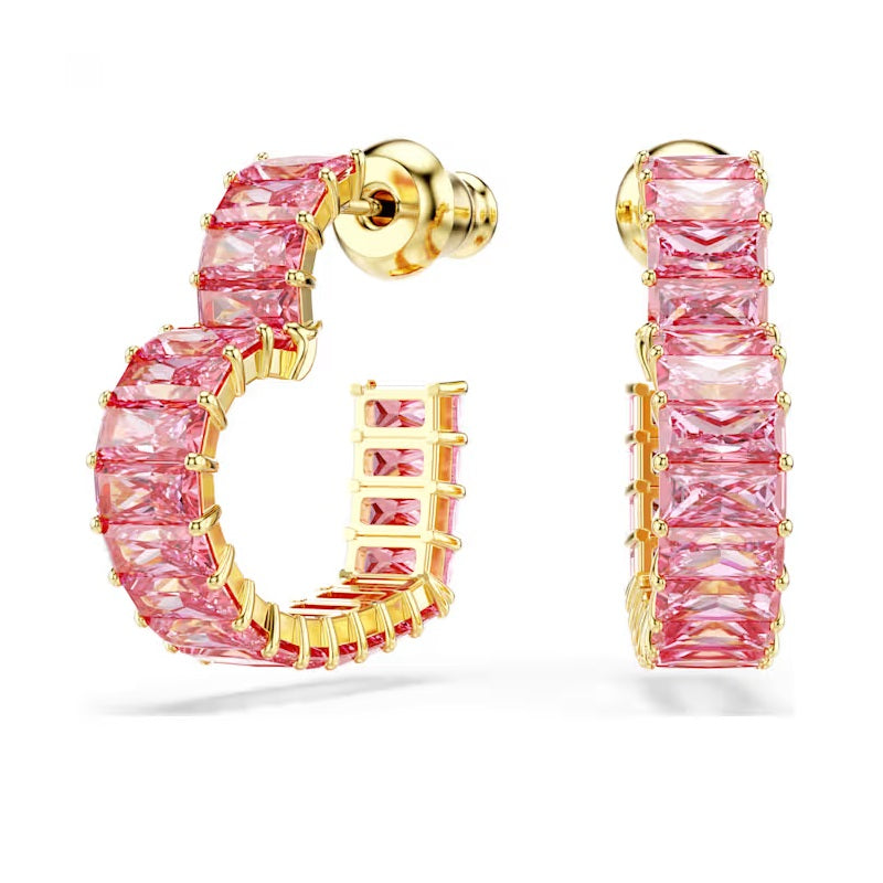 Swarovski Matrix hoop earrings Baguette cut, Heart, Small, Pink, Gold-tone plated 5706340