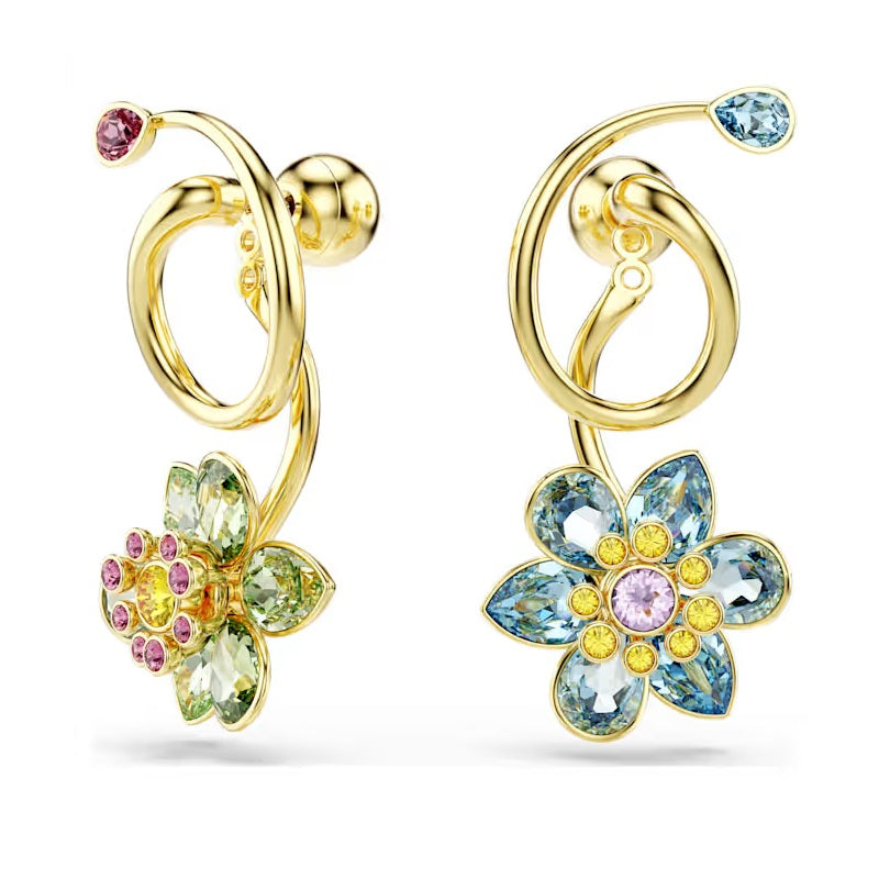 Swarovski Idyllia drop earrings Asymmetrical design, Mixed cuts, Flower, Multicoloured, Gold-tone plated 5709025