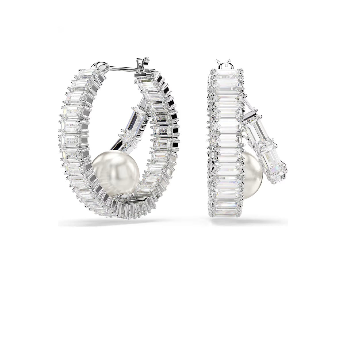 Swarovski Ariana Grande x Swarovski hoop earrings Crystal pearl, Baguette cut, White, Rhodium plated 5720868